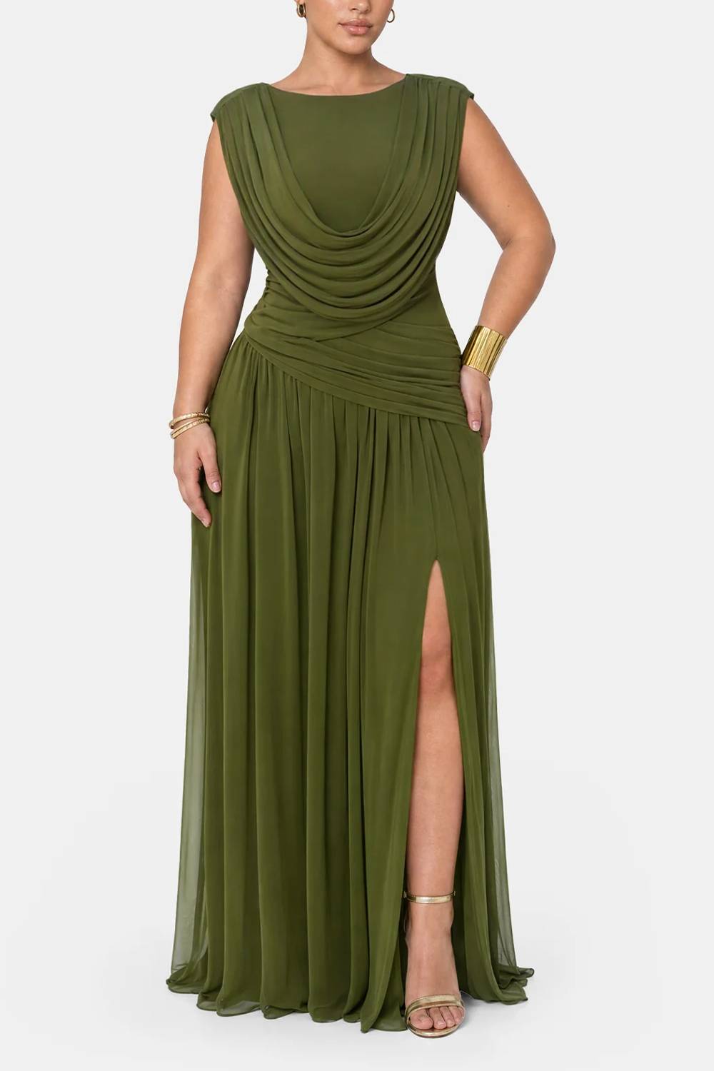 Convertible Neck Sleeveless Ruched Slit Maxi Evening Dress