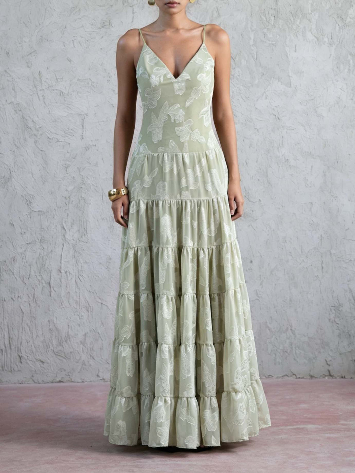 Elegant Floral Jacquard V-Neck Tiered Ruffle Maxi Dress
