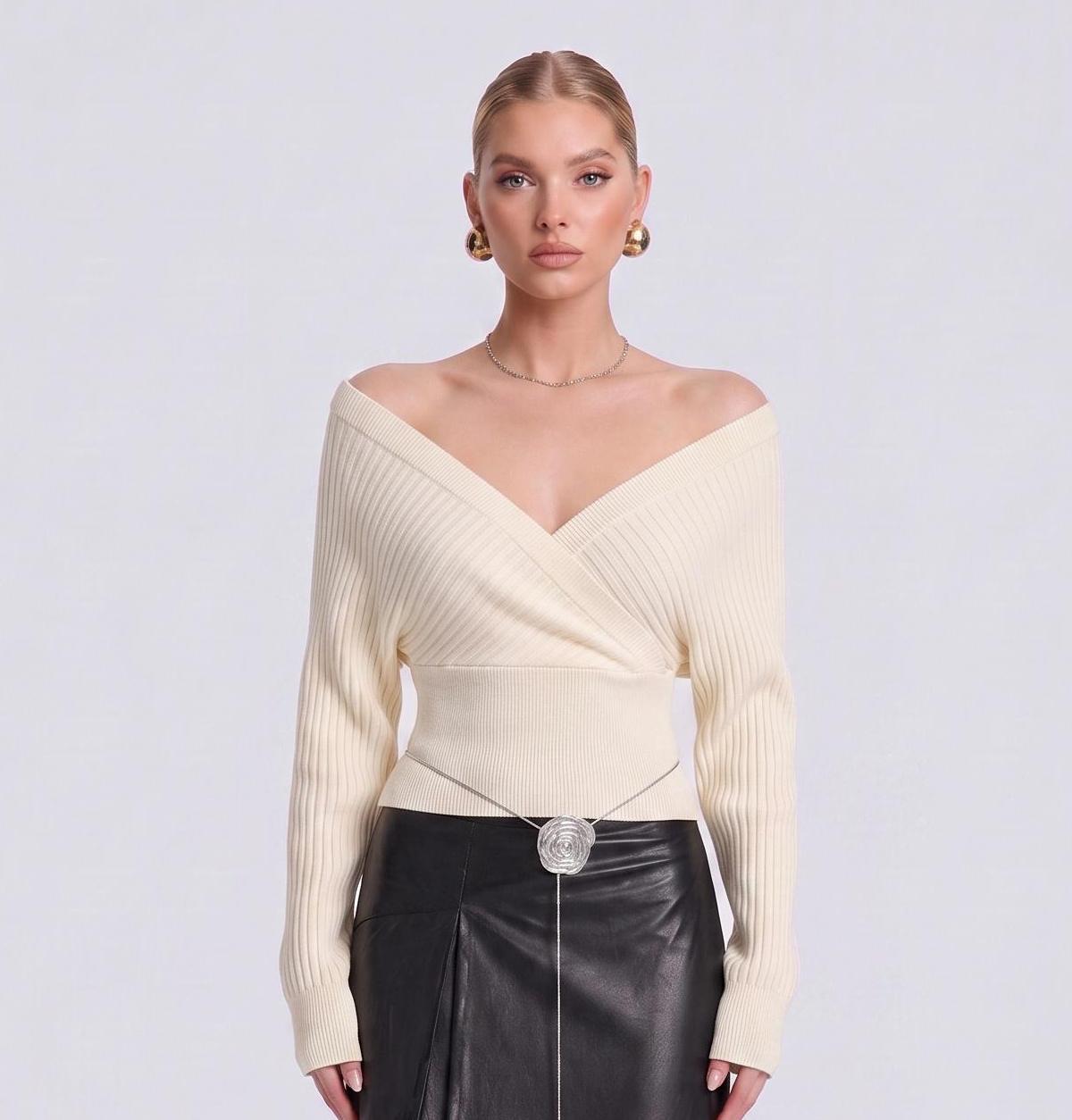 Monlark Women Off Shoulder Wrap V‑Neck Knit Sweater