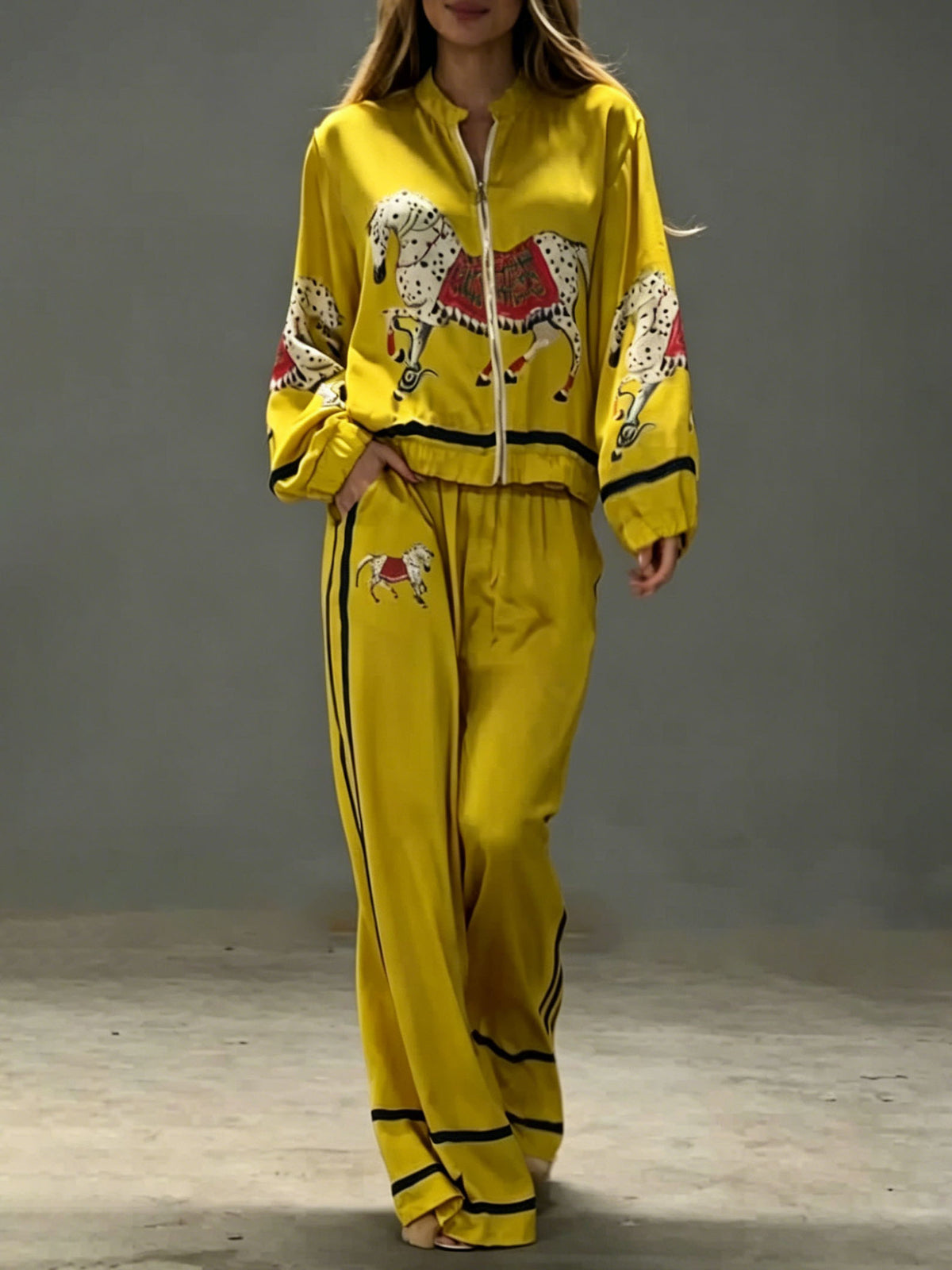 Exquisite Satin Horse Print Zip Jacket & Wide-Leg Pants Two-Piece Set