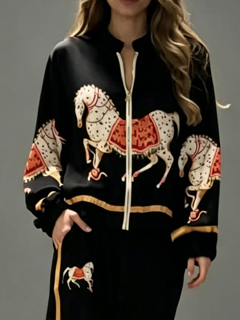 Exquisite Satin Horse Print Wide-Leg Pants