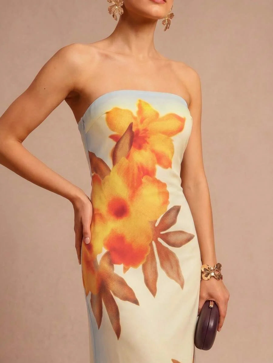 Strapless Floral Print Slim Fit Tube Column Maxi Dress