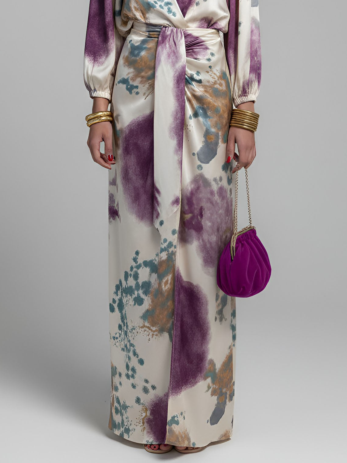 Elegant Watercolor Print Satin Top & Skirt Two-Piece Set