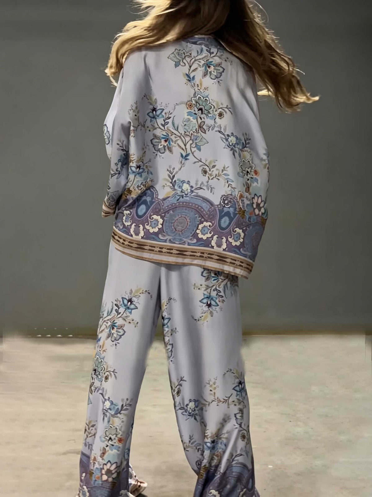 Exquisite Floral Paisley Print Satin Button Shirt & Wide Leg Pants Set
