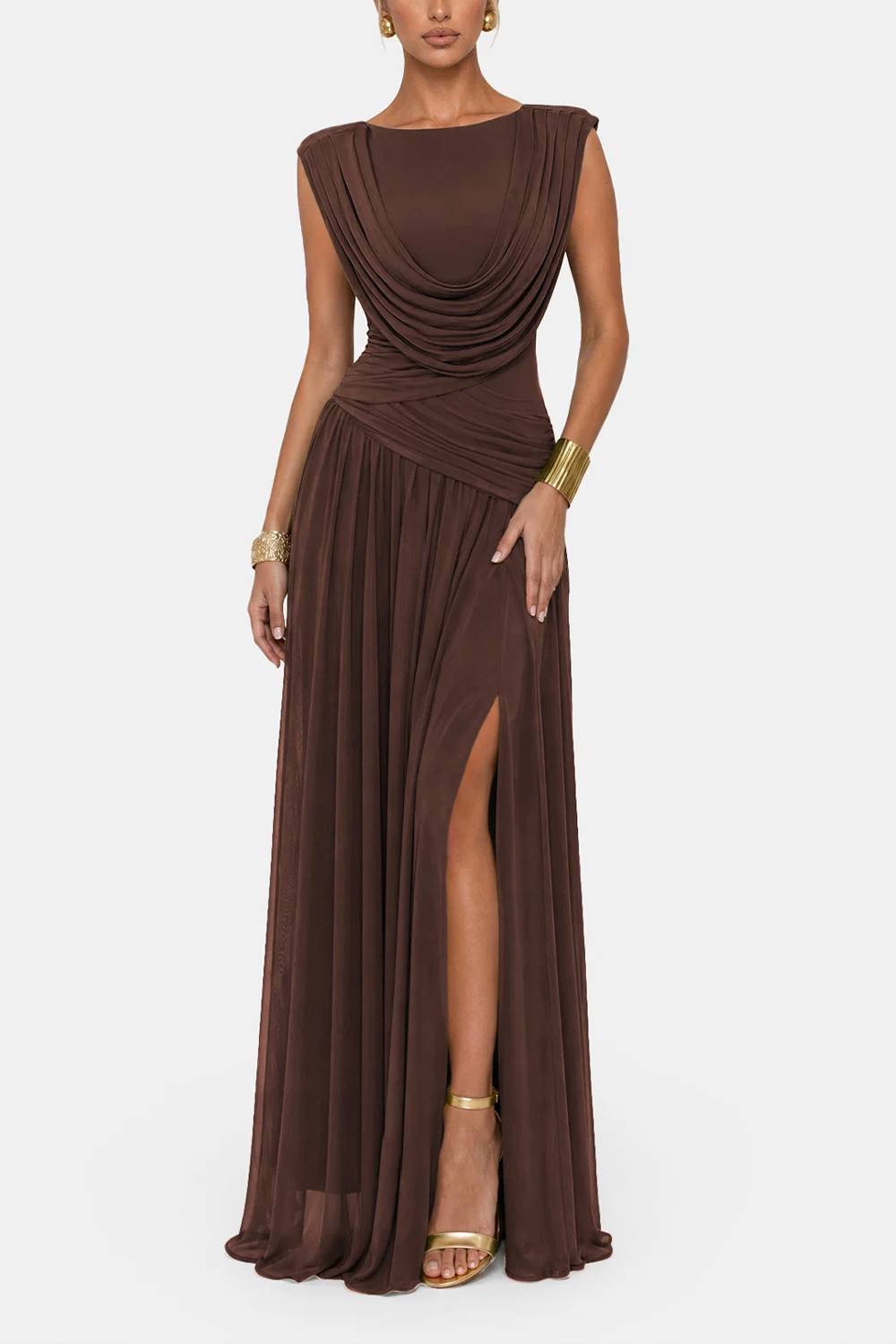 Convertible Neck Sleeveless Ruched Slit Maxi Evening Dress
