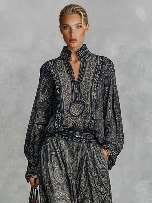 Elegant Paisley Print High-Neck Blouse