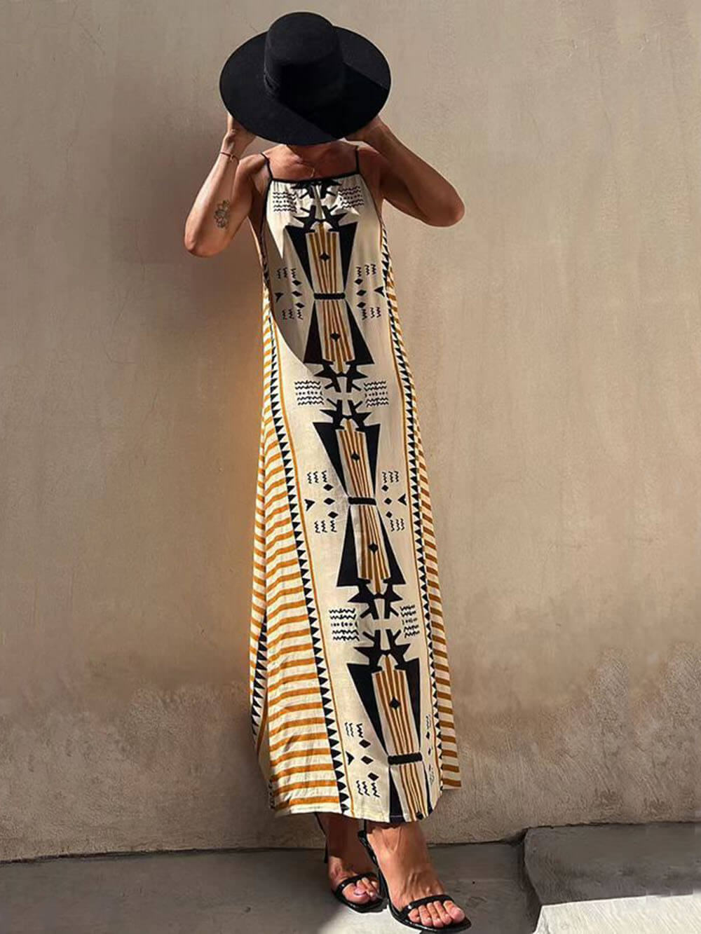 Ethnic Print Backless A-line Maxi Dress-Likemychoice