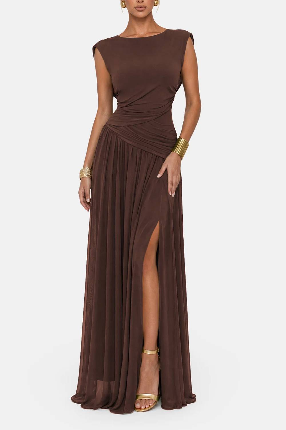 Convertible Neck Sleeveless Ruched Slit Maxi Evening Dress