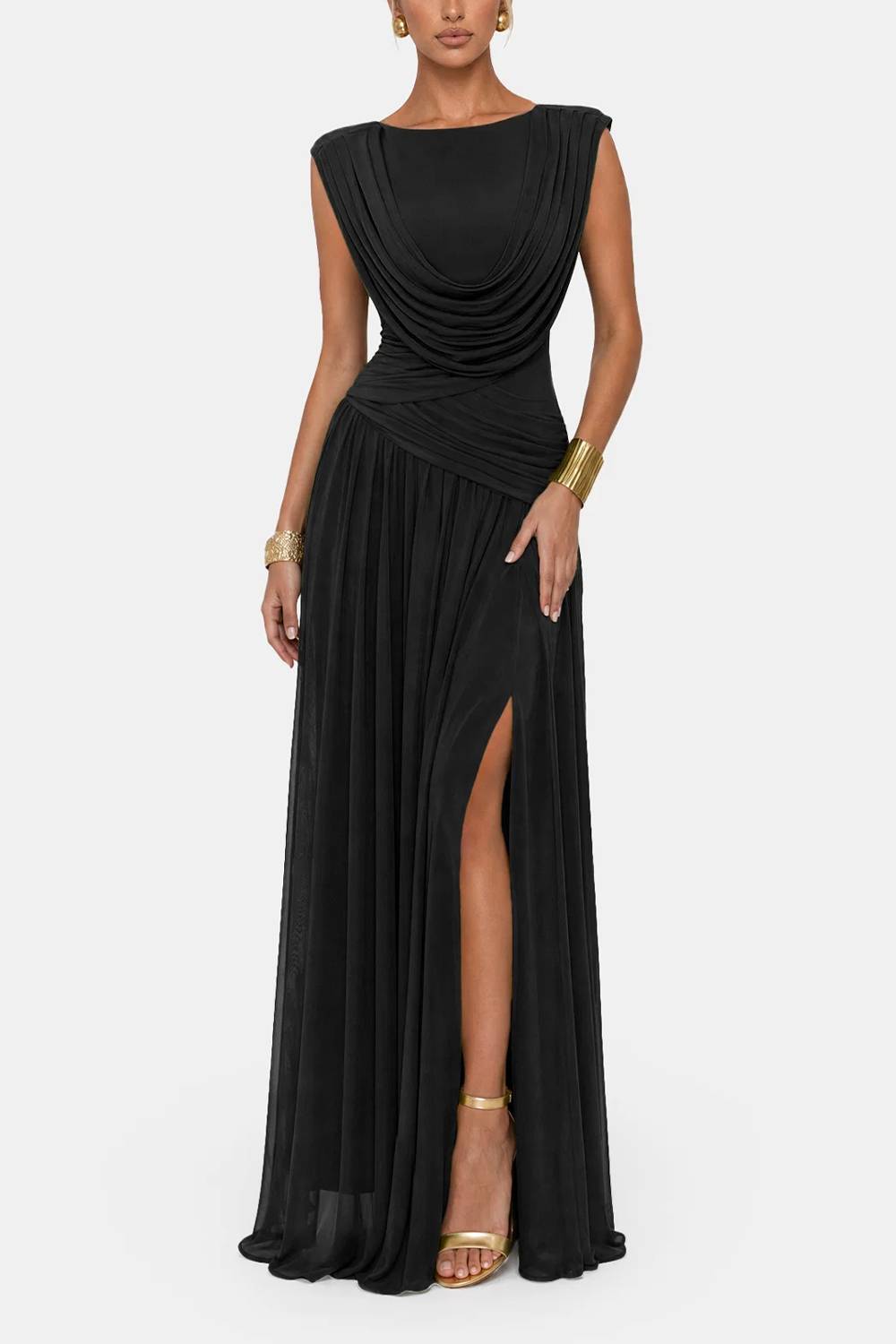 Convertible Neck Sleeveless Ruched Slit Maxi Evening Dress