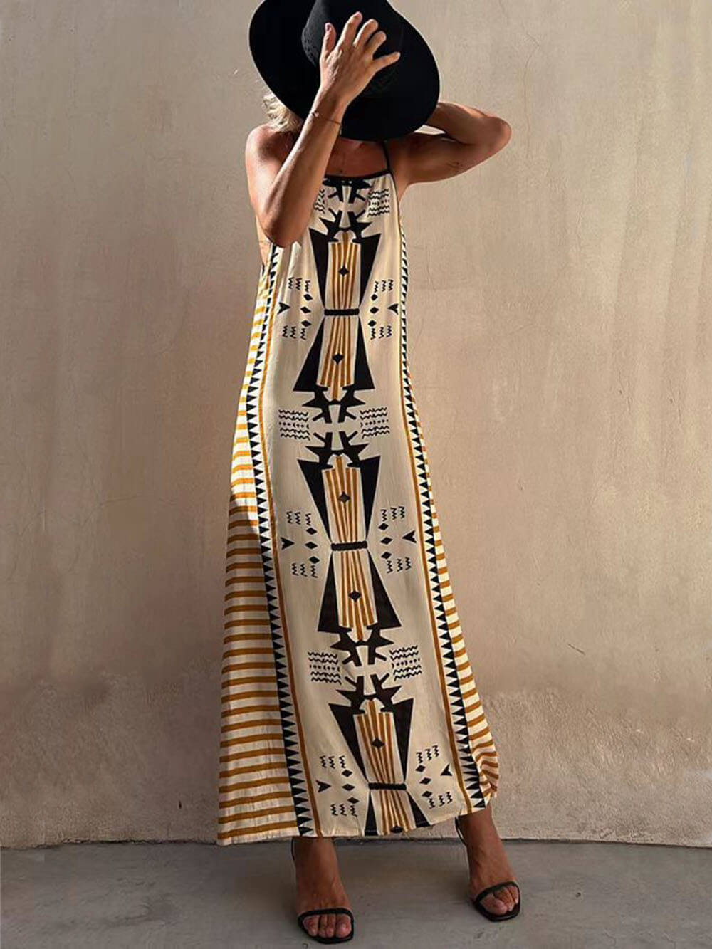 Ethnic Print Backless A-line Maxi Dress-Likemychoice