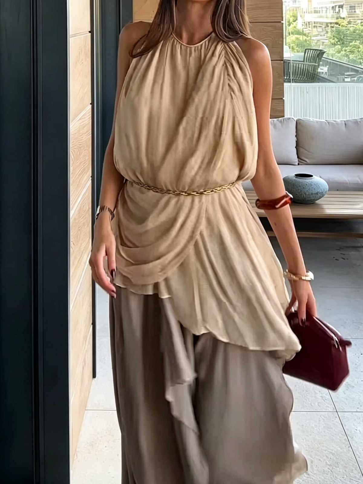 Casual Elegant Flowy Chiffon Draped Wide-Leg Pants Two-Piece Set