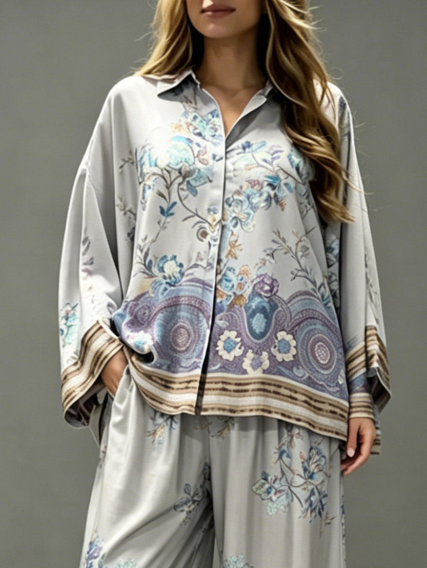 Exquisite Floral Paisley Print Satin Wide Leg Pants