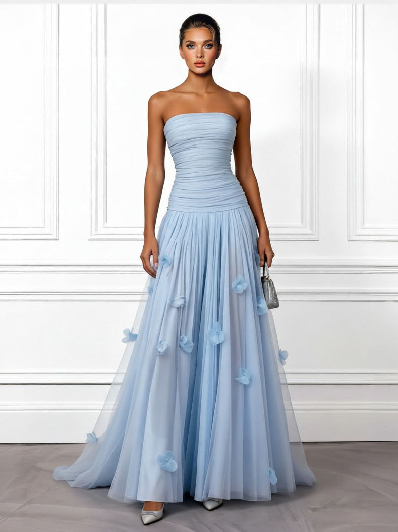 Elegant Yellow Strapless Ruched Tulle Evening Maxi Dress