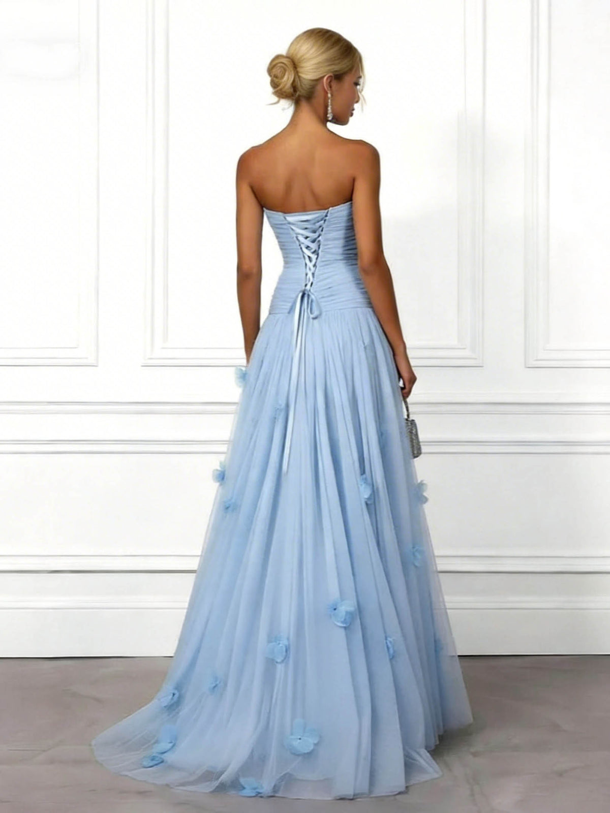 Elegant Yellow Strapless Ruched Tulle Evening Maxi Dress