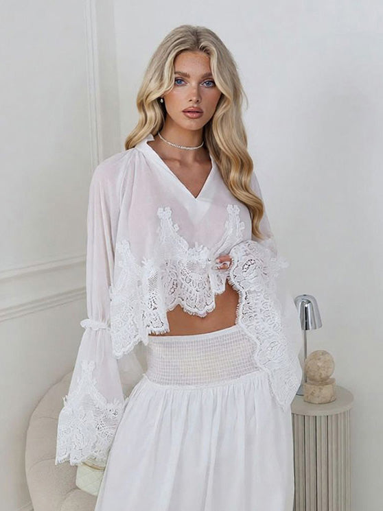 Elegant Lace Patchwork Top & High-Waist Smocked Maxi Skirt Set