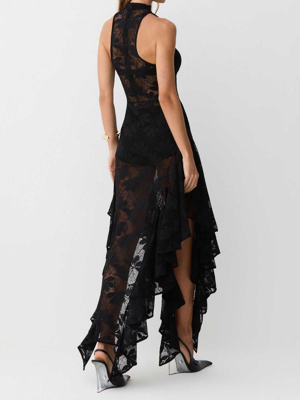 Elegant Floral Lace High Neck Halter Sleeveless Asymmetric Midi Dress-Likemychoice