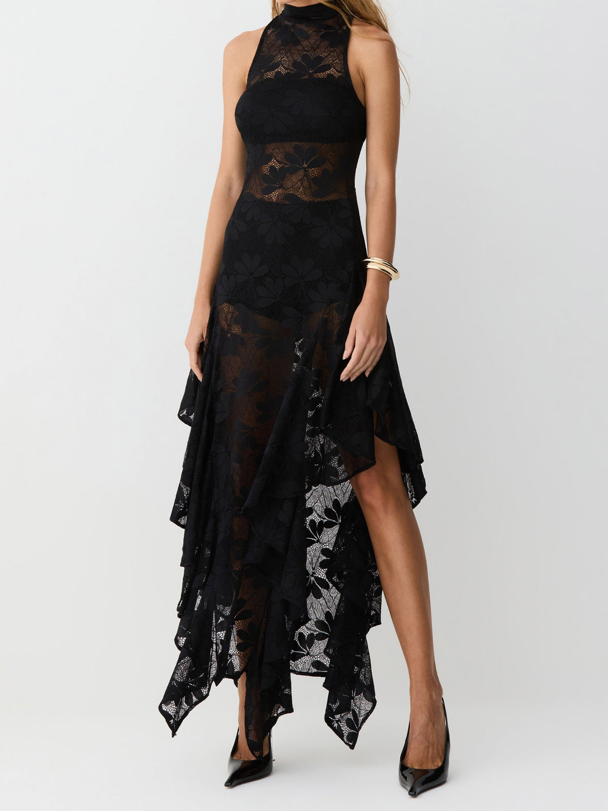 Elegant Floral Lace High Neck Halter Sleeveless Asymmetric Midi Dress-Likemychoice