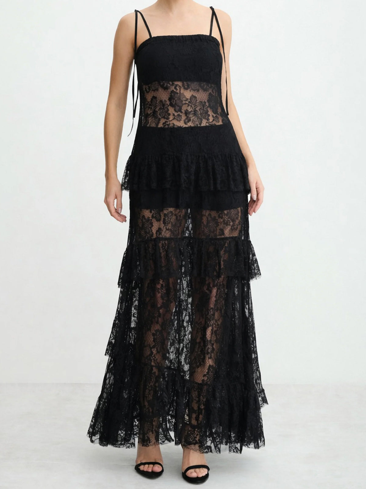Elegant Spaghetti Strap Tiered Lace Sheer Maxi Dress-Likemychoice