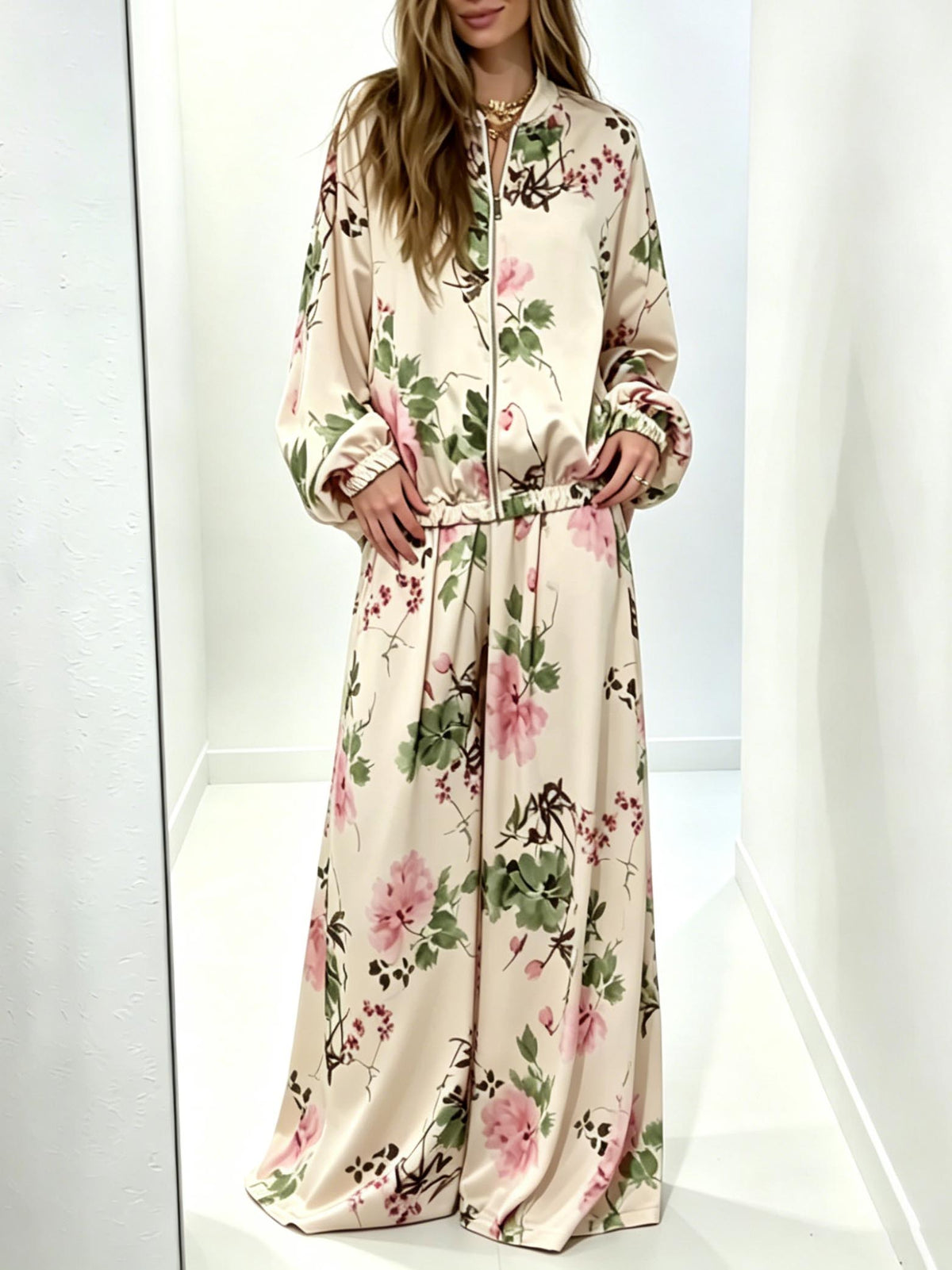 Elegant Floral Satin Zip-Up Jacket & Pants Two-Piece Set