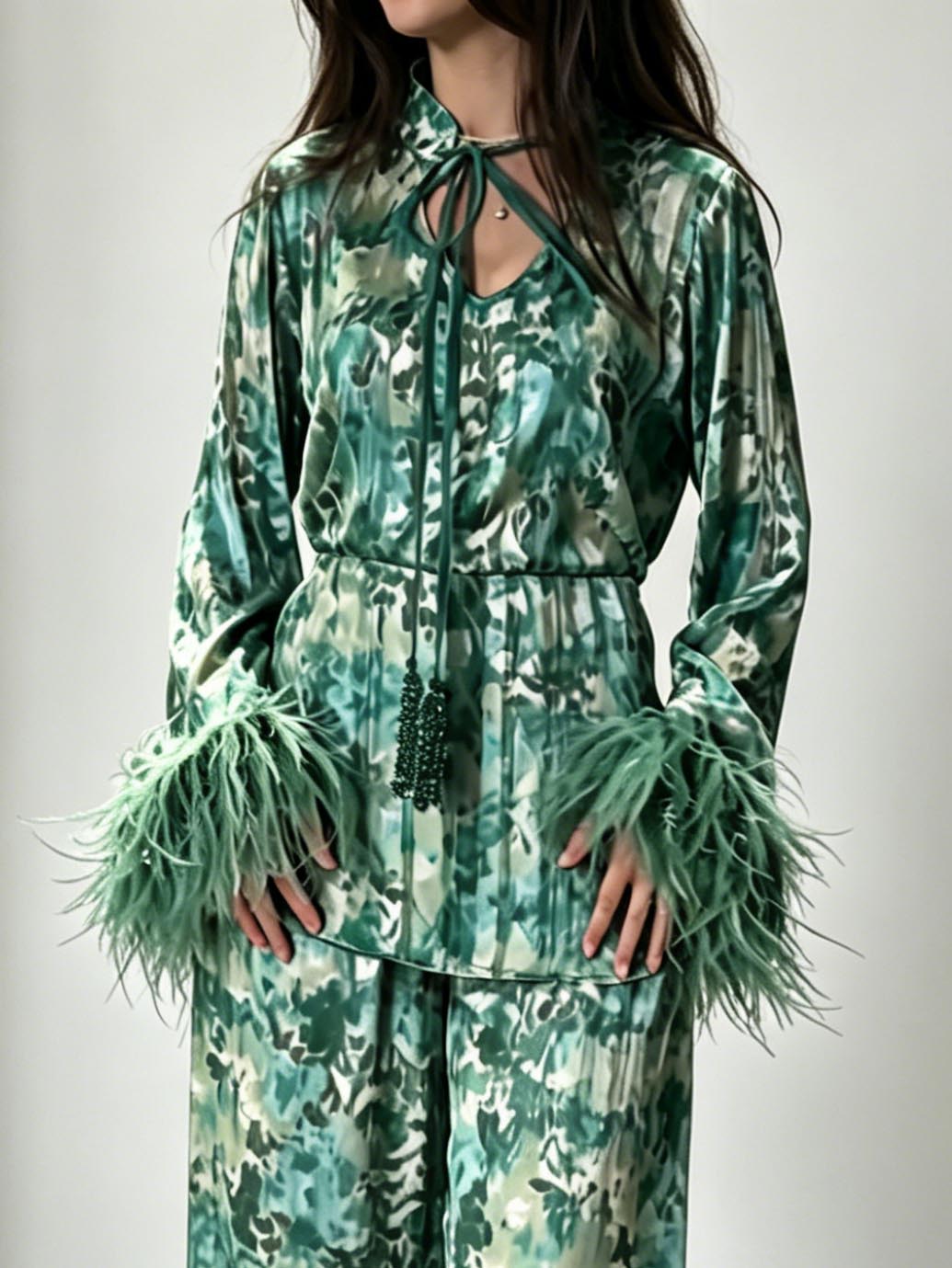 Exquisite Watercolor Print Feather Cuff Tie Shirt