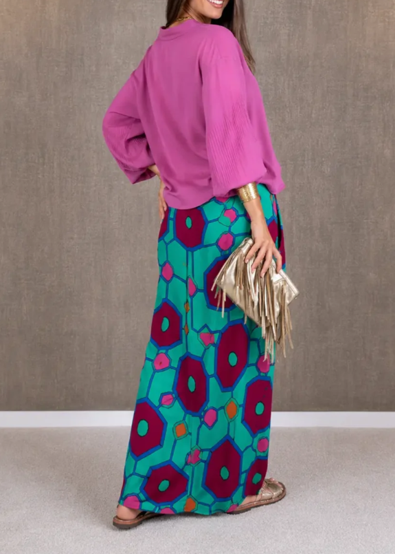 Vintage Bold Print Shirt & Lace-Up Skirt Two-Piece Set