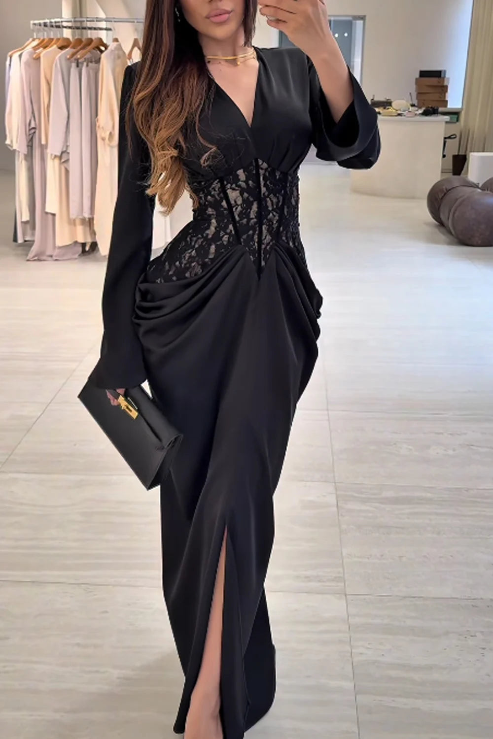 Black V-Neck Long Sleeve Lace Corset Draped Slit Maxi Dress