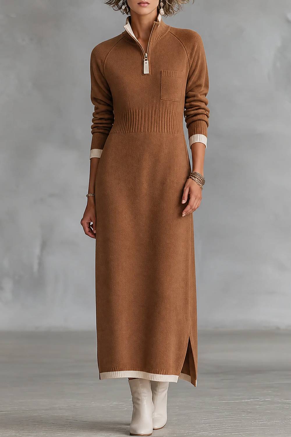 Half Zip Stand Collar Color Block Long Sleeve Knit Maxi Dress