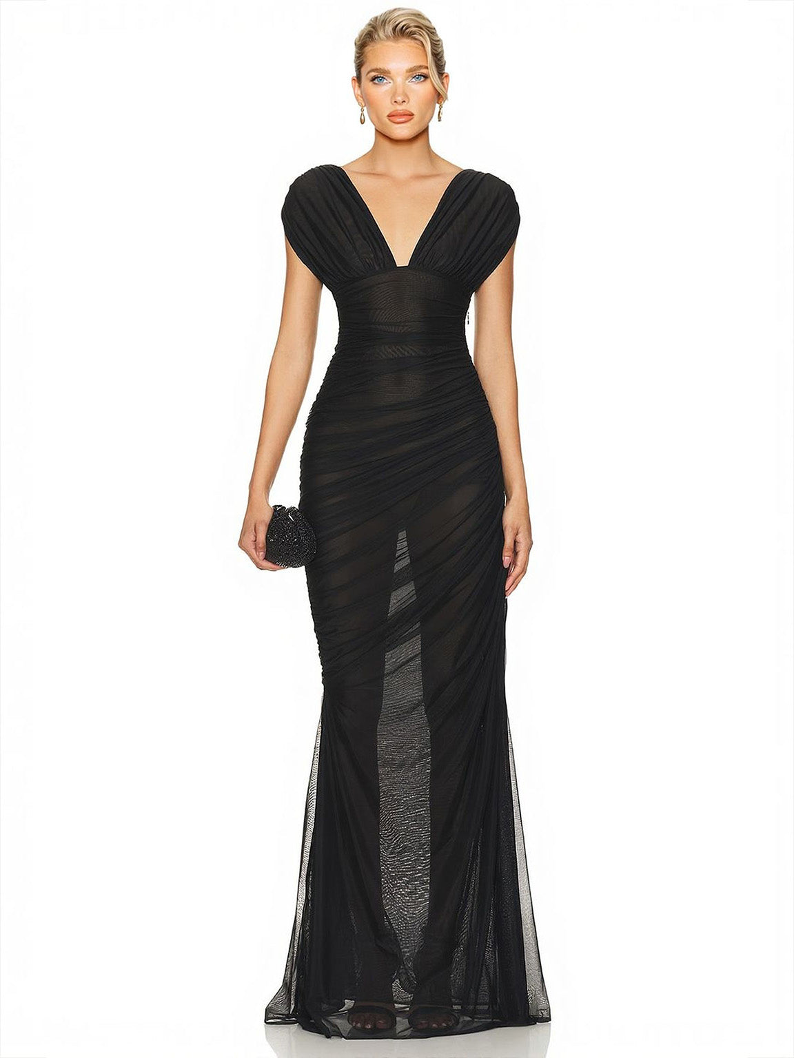 Elegant Sheer Mesh Ruched Deep V-Neck Maxi Dress-Likemychoice