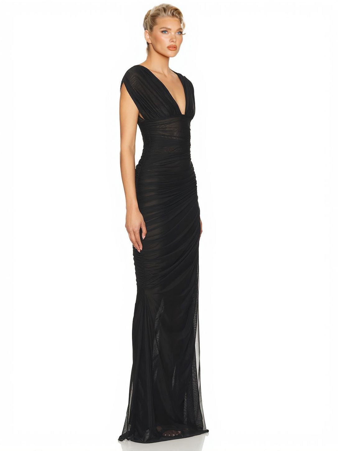 Elegant Sheer Mesh Ruched Deep V-Neck Maxi Dress-Likemychoice