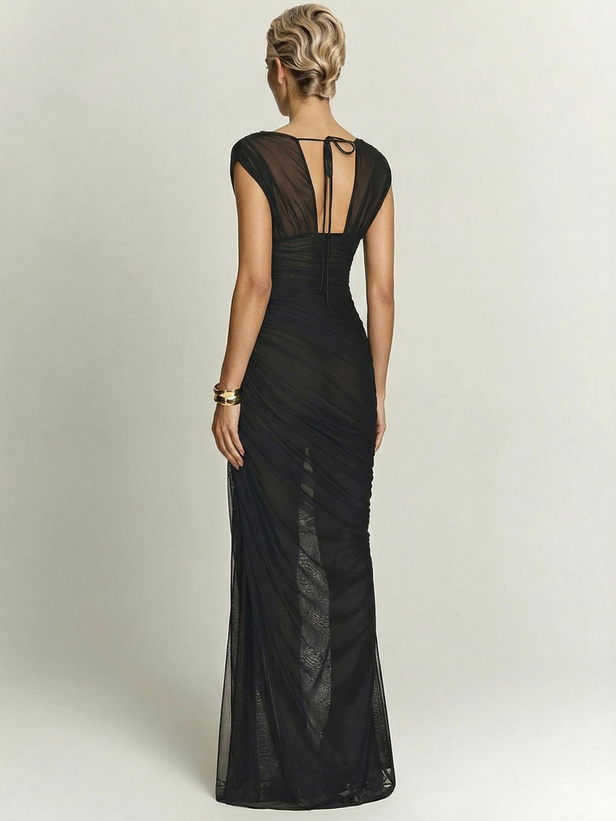 Elegant Sheer Mesh Ruched Deep V-Neck Maxi Dress-Likemychoice