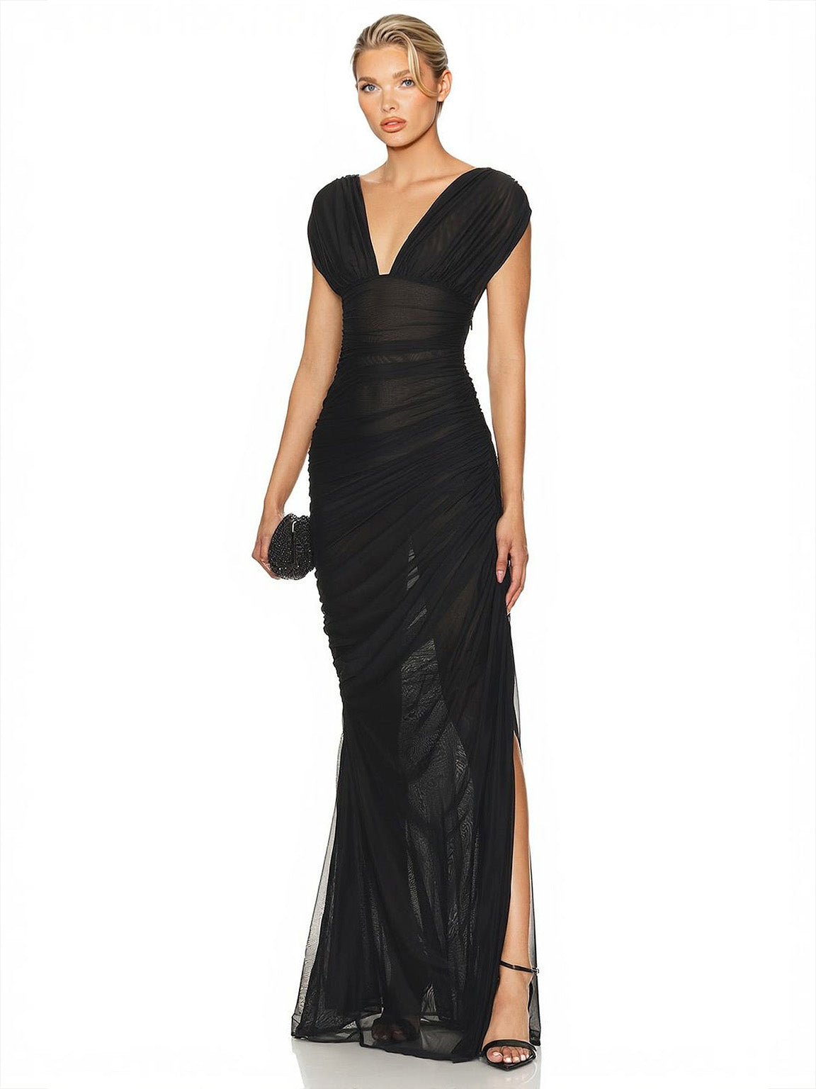 Elegant Sheer Mesh Ruched Deep V-Neck Maxi Dress-Likemychoice