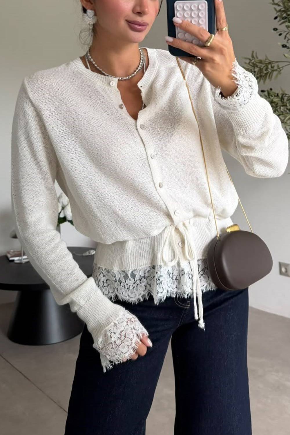 Lace Trim Knit Button Down Drawstring Waist Top
