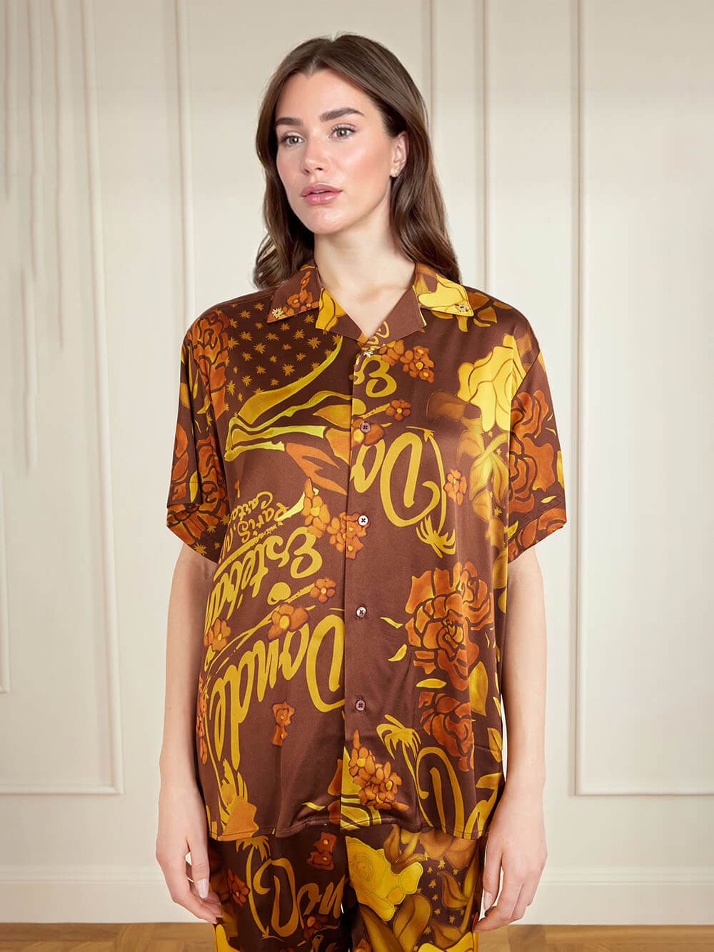 Unique Printed Satin Button-Down Loose Shirt