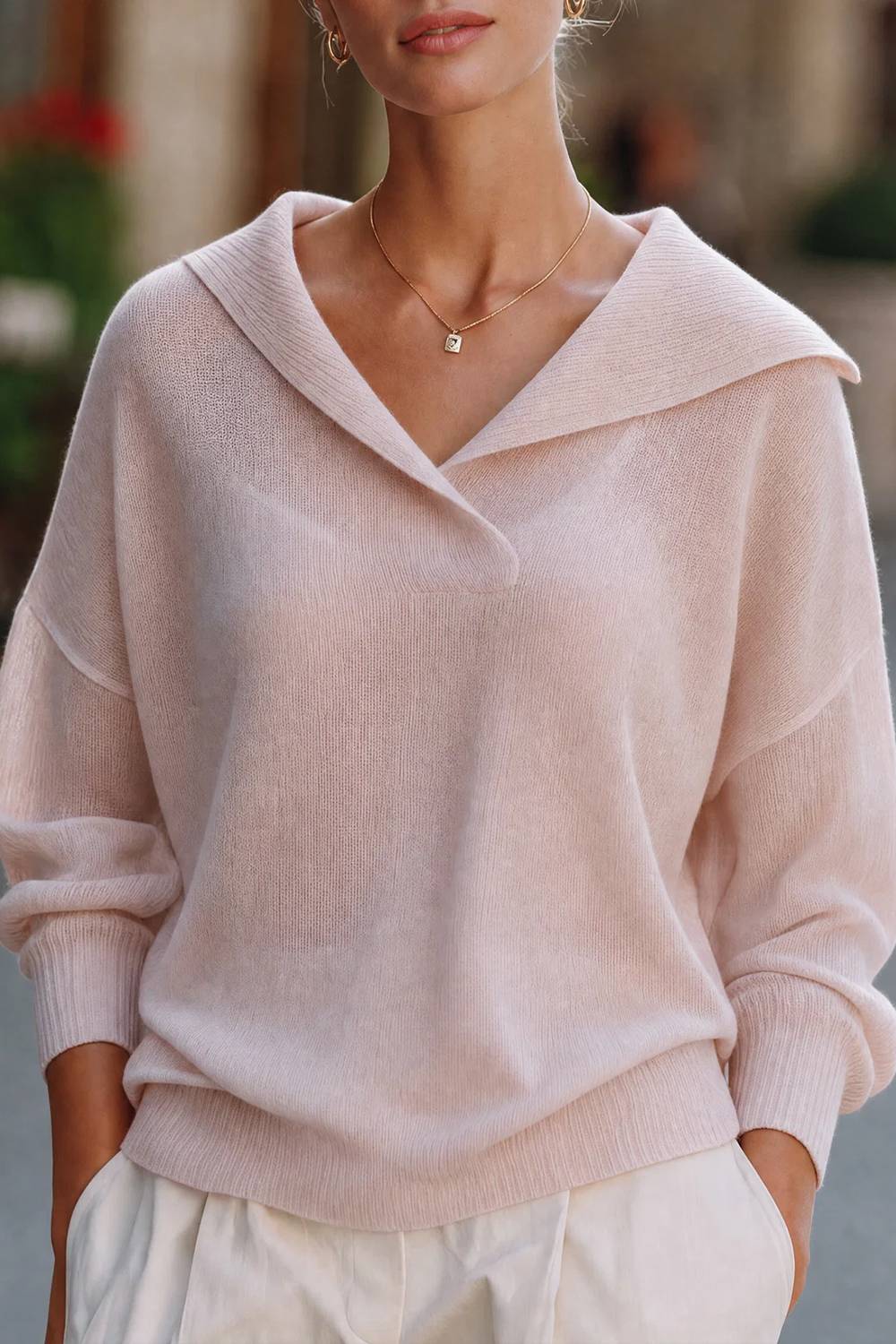 Wide Fold Over Collar V Neck Drop Shoulder Loose Knit Sweater