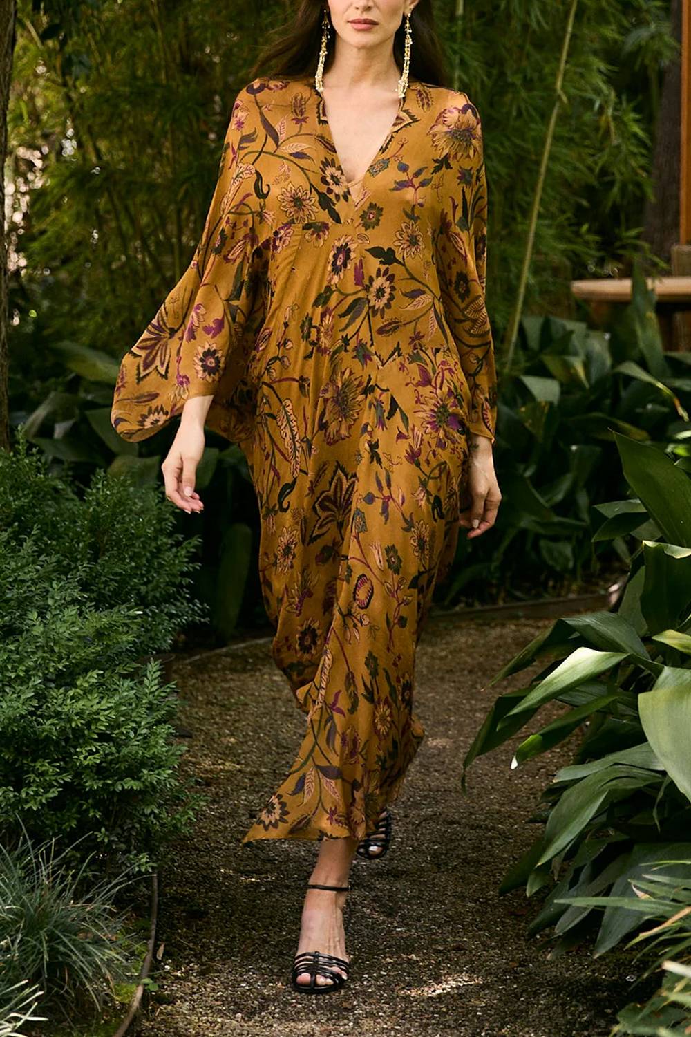 V‑Neck Dolman Sleeve Floral Print Flow Maxi Dress