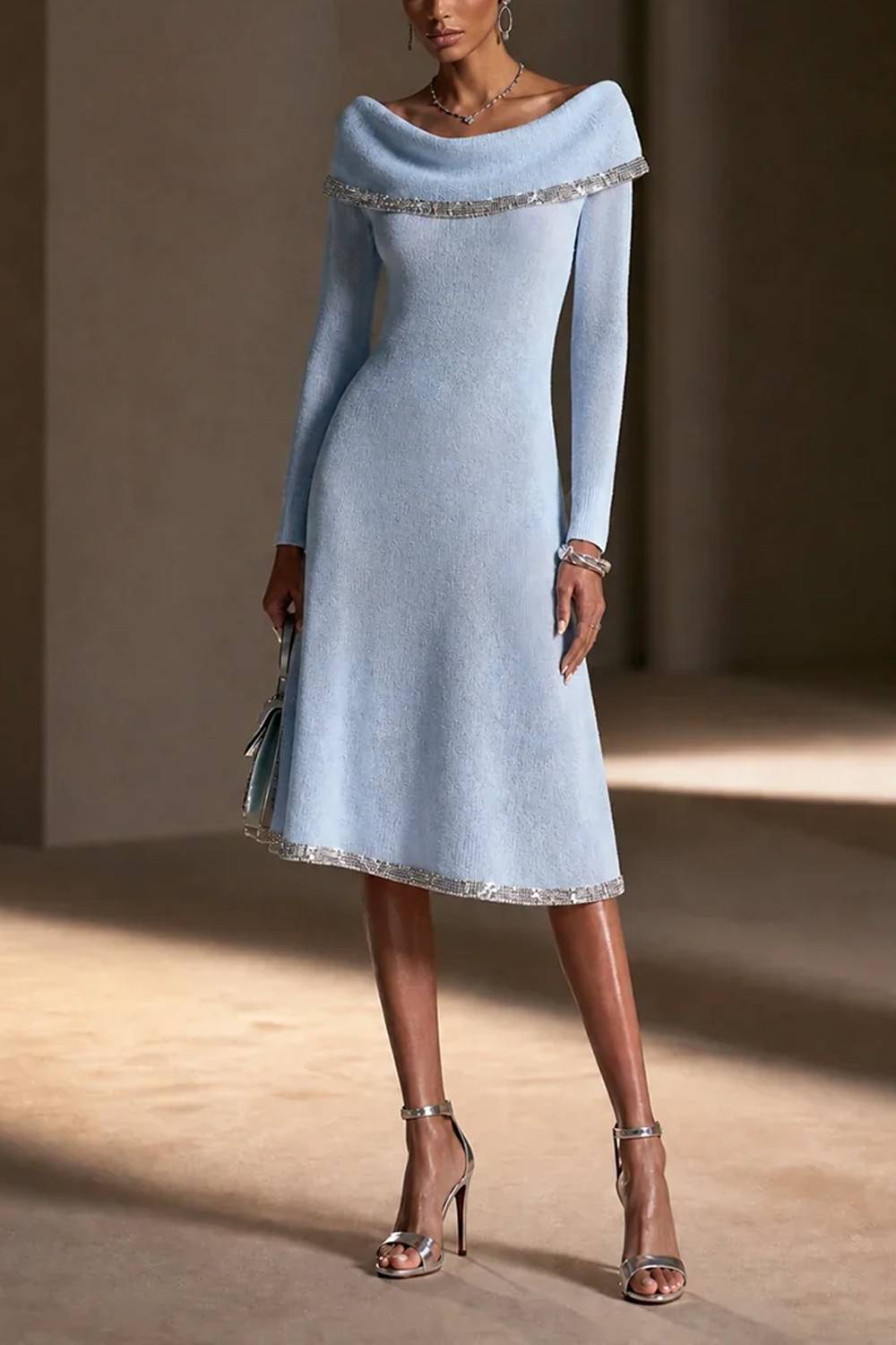Off‑Shoulder Beaded Trim Long Sleeve Midi Knit Dress