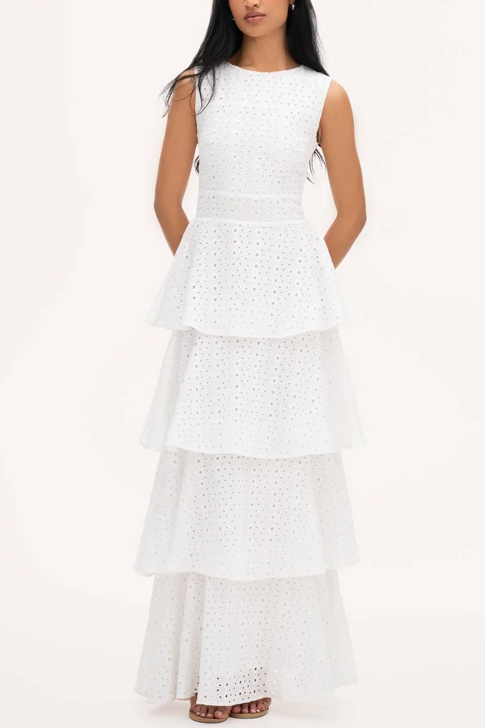 Sleeveless Round Neck Eyelet Embroidery Tiered Maxi Dress