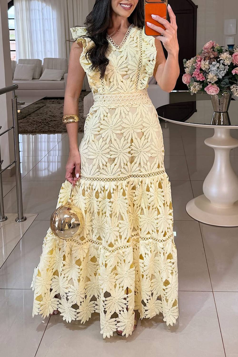 V Neck Sleeveless Ruffle Crochet Lace Tiered Maxi Dress