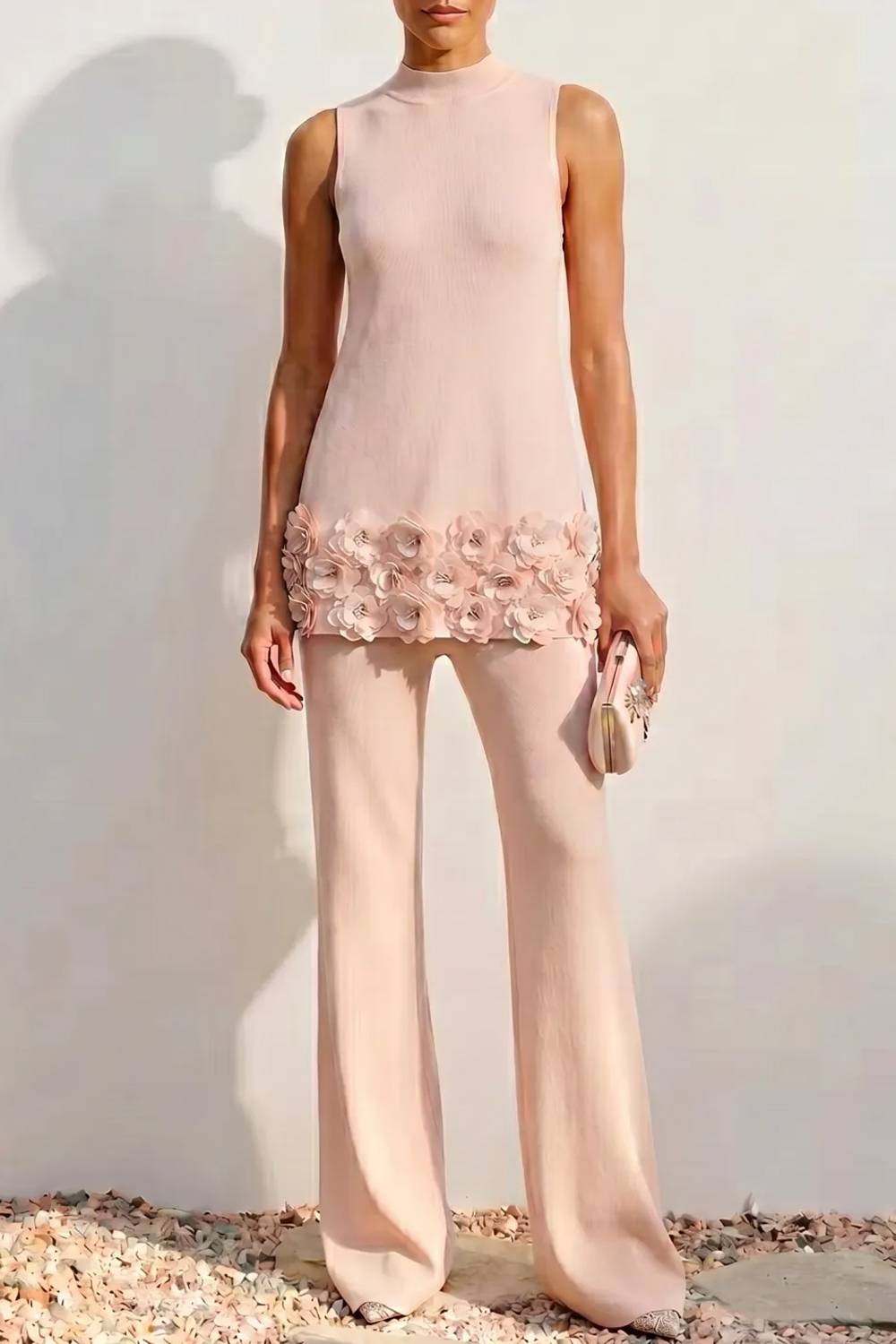 Sleeveless Mock Neck 3D Floral Trim Pant Set