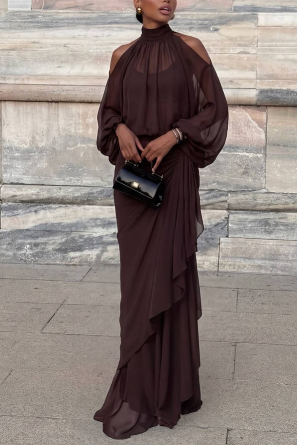 Halter Cold‑Shoulder Blouse & Ruffle Maxi Skirt Two‑Piece Set