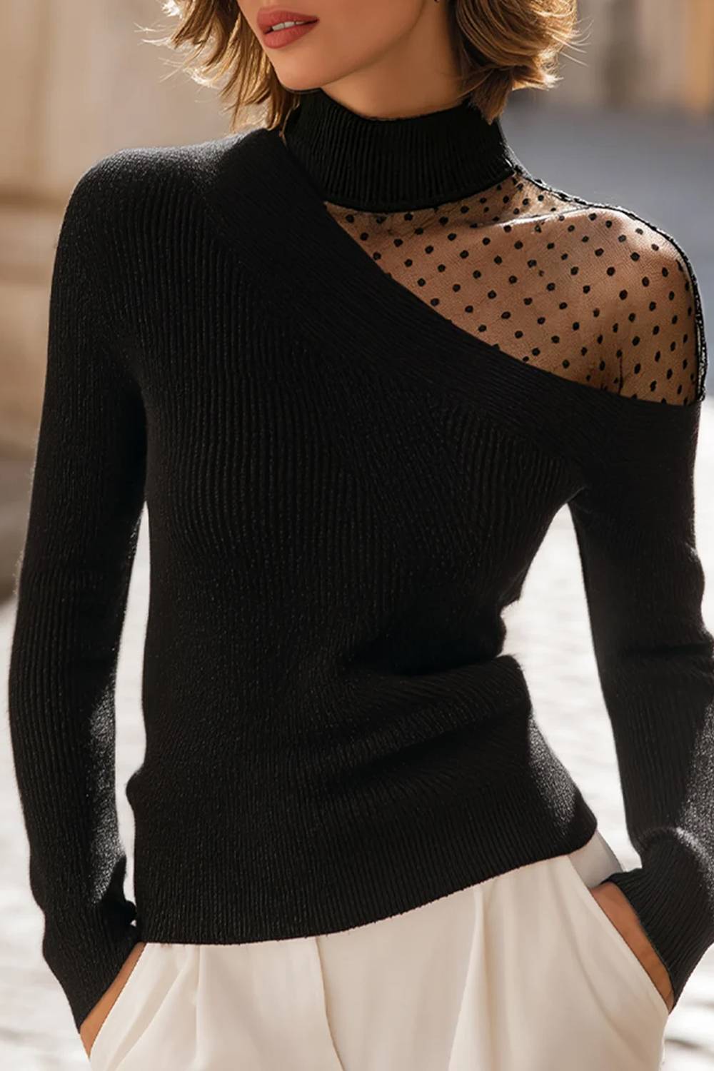 Mock Neck Mesh Polka Dot Spliced Long Sleeve Knit Top