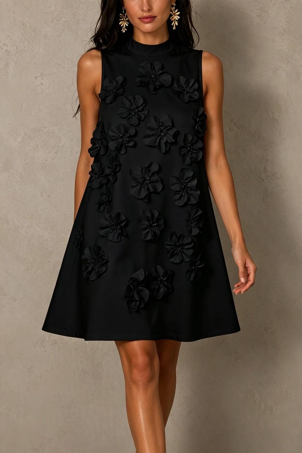 High Neck Sleeveless 3D Floral Appliqué A-Line Mini Dress