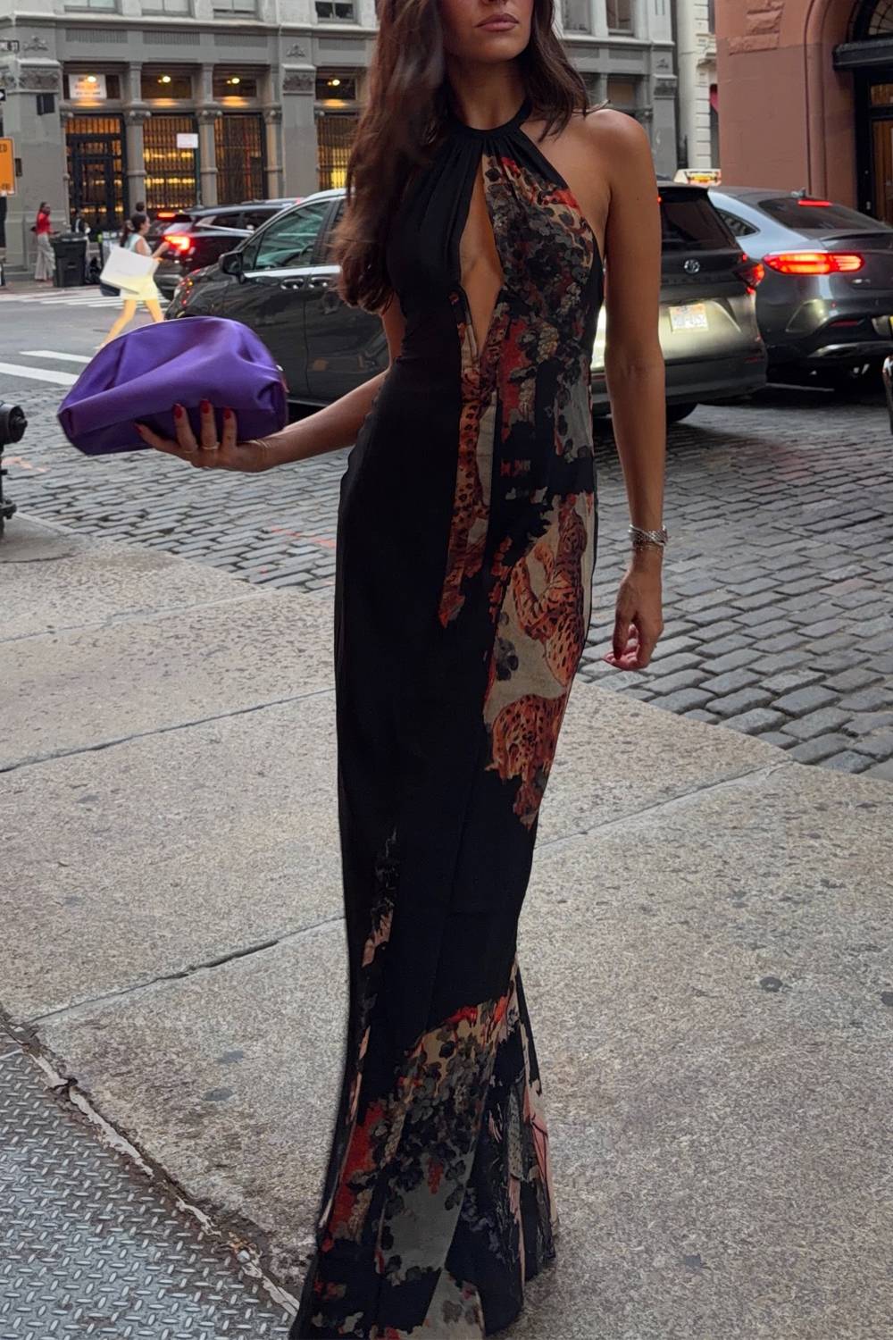 Halter Cutout Maxi Dress Leopard Floral Print Mermaid Long Dress