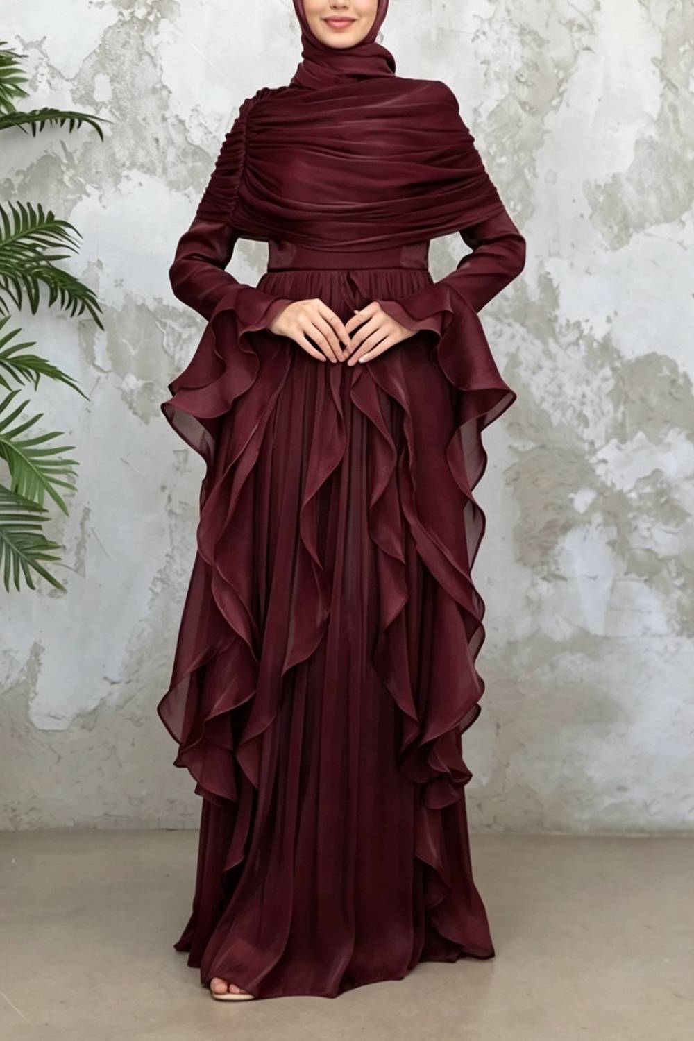 Modest Ruffled Long Sleeve Maxi Evening Dress (Hijab Not Included)