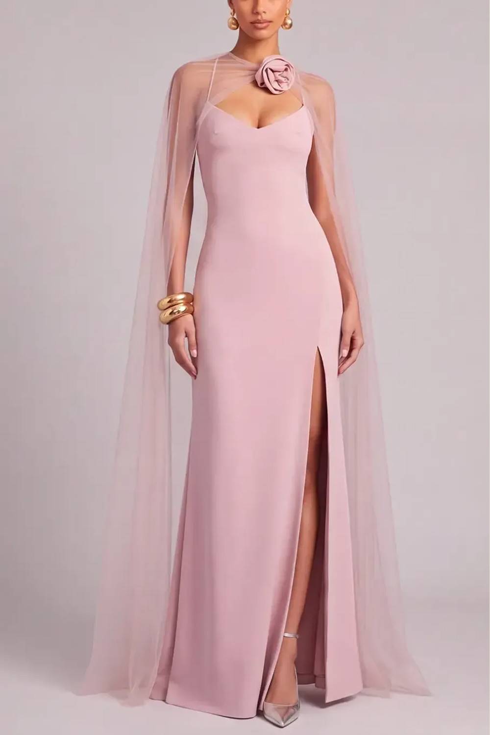 Rose Tulle Cape Slit Maxi Dress