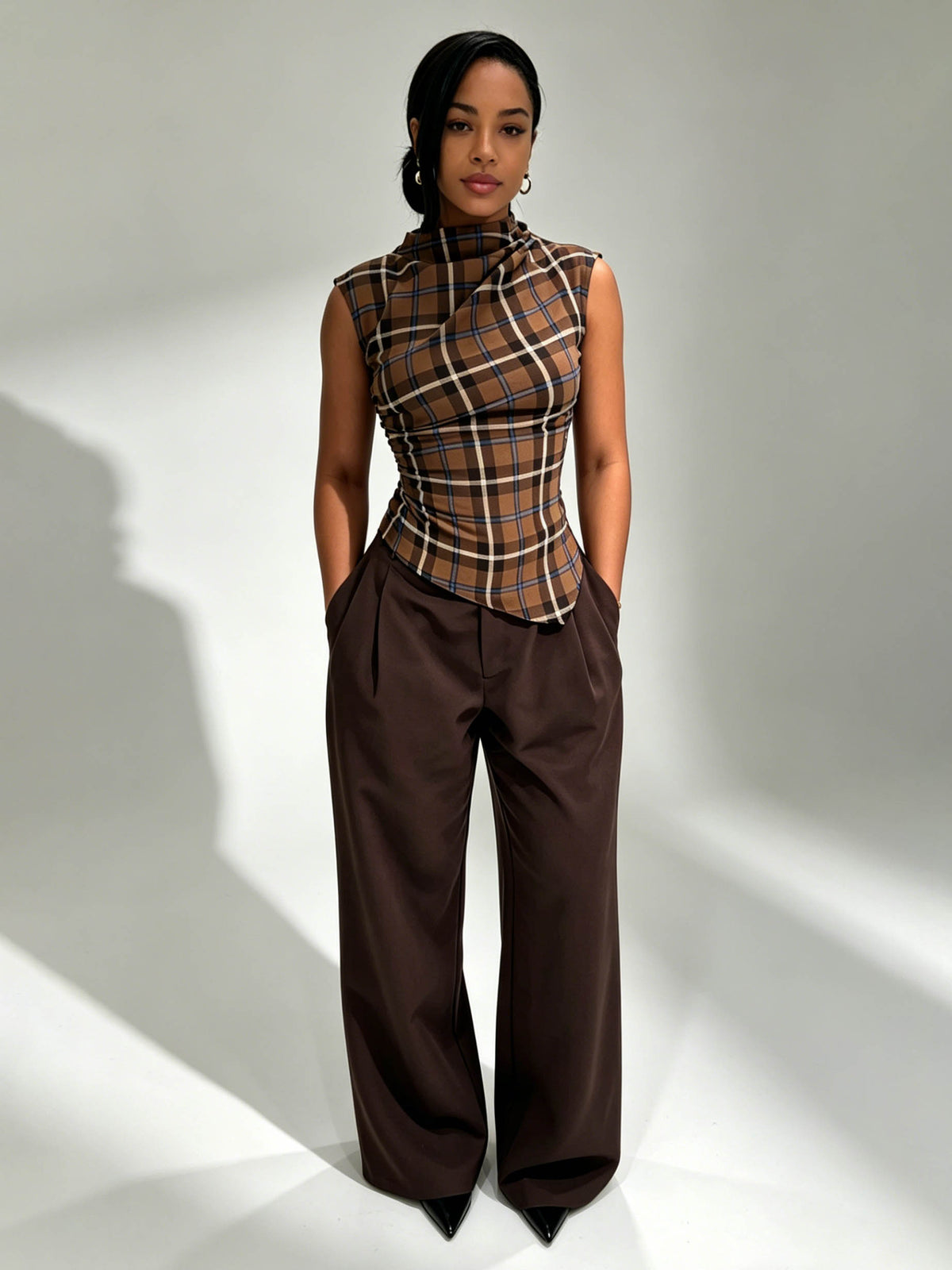 Casual Plaid Pleated Top And Wide-Leg Pants Set
