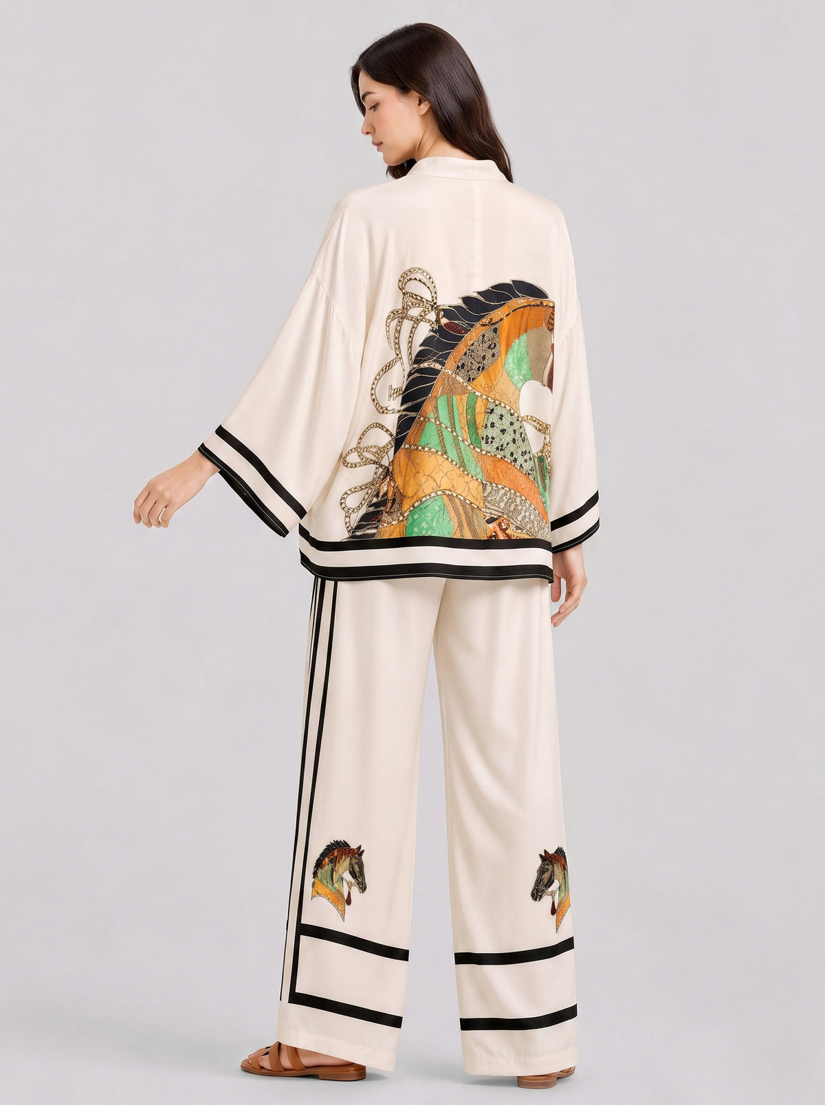 V-Neck Horse Pattern Satin Suit Pants Two-Piece Set