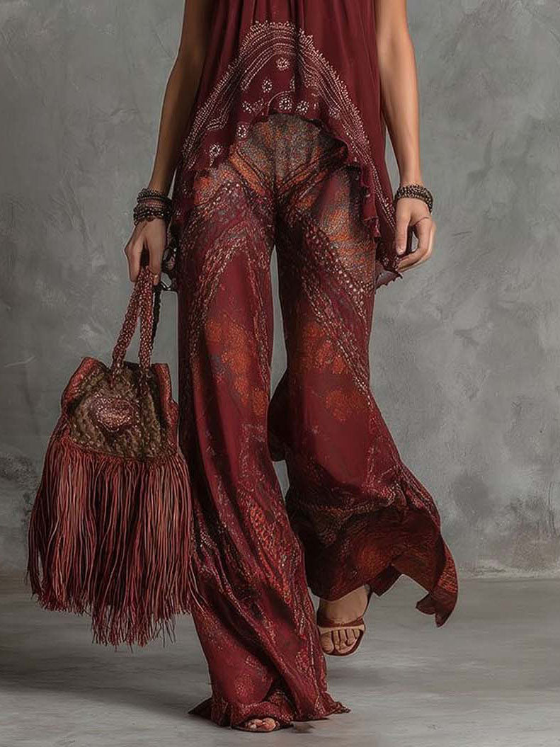 Vintage Printed Top & Pants Two-Piece Set