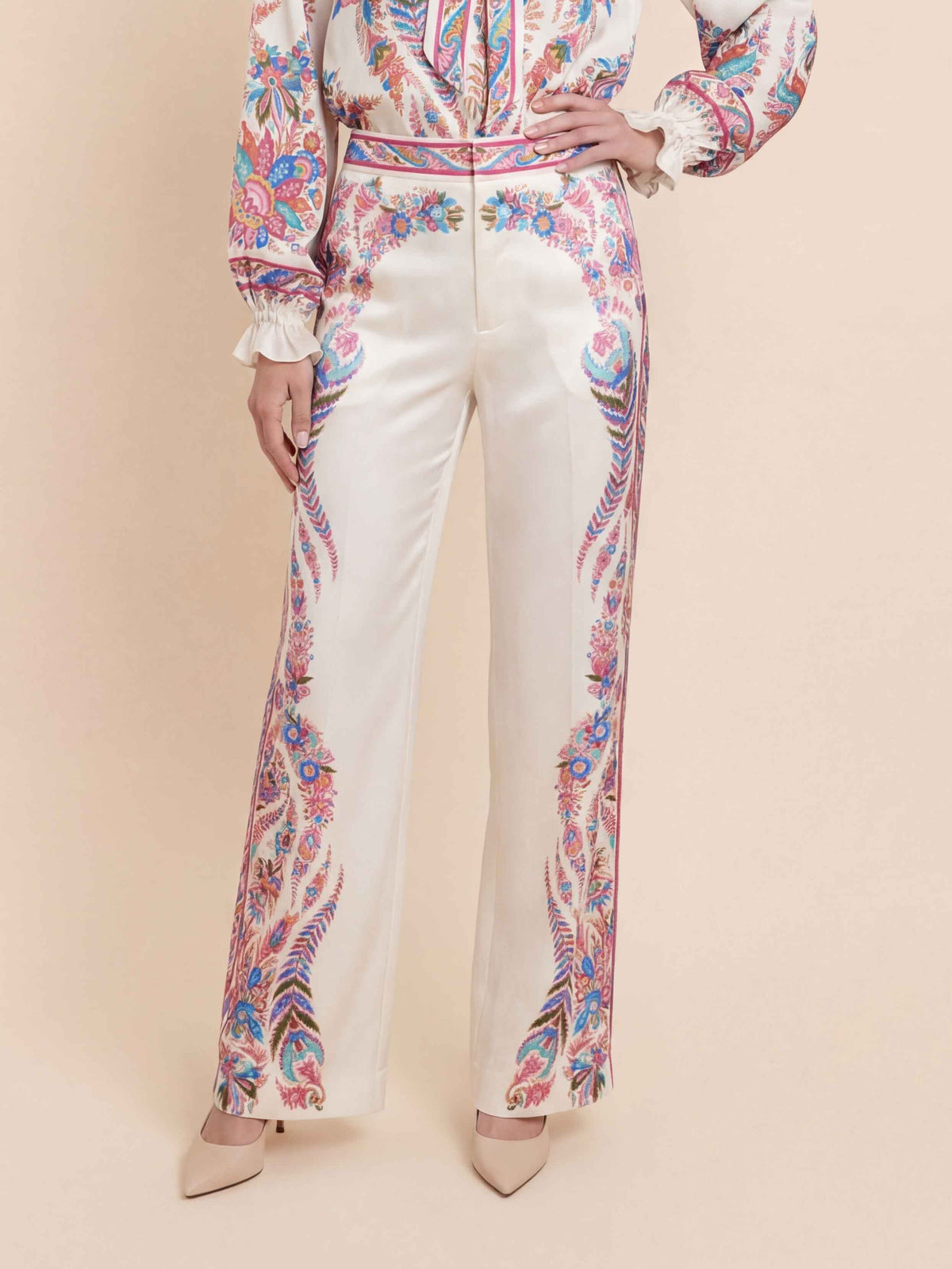 Exquisite Bow Detail Paisley Print Satin Two-Piece Set