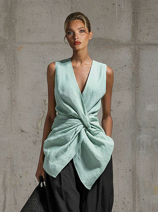 Casual Twist Front V-Neck Top & Pants Two-Piece Set